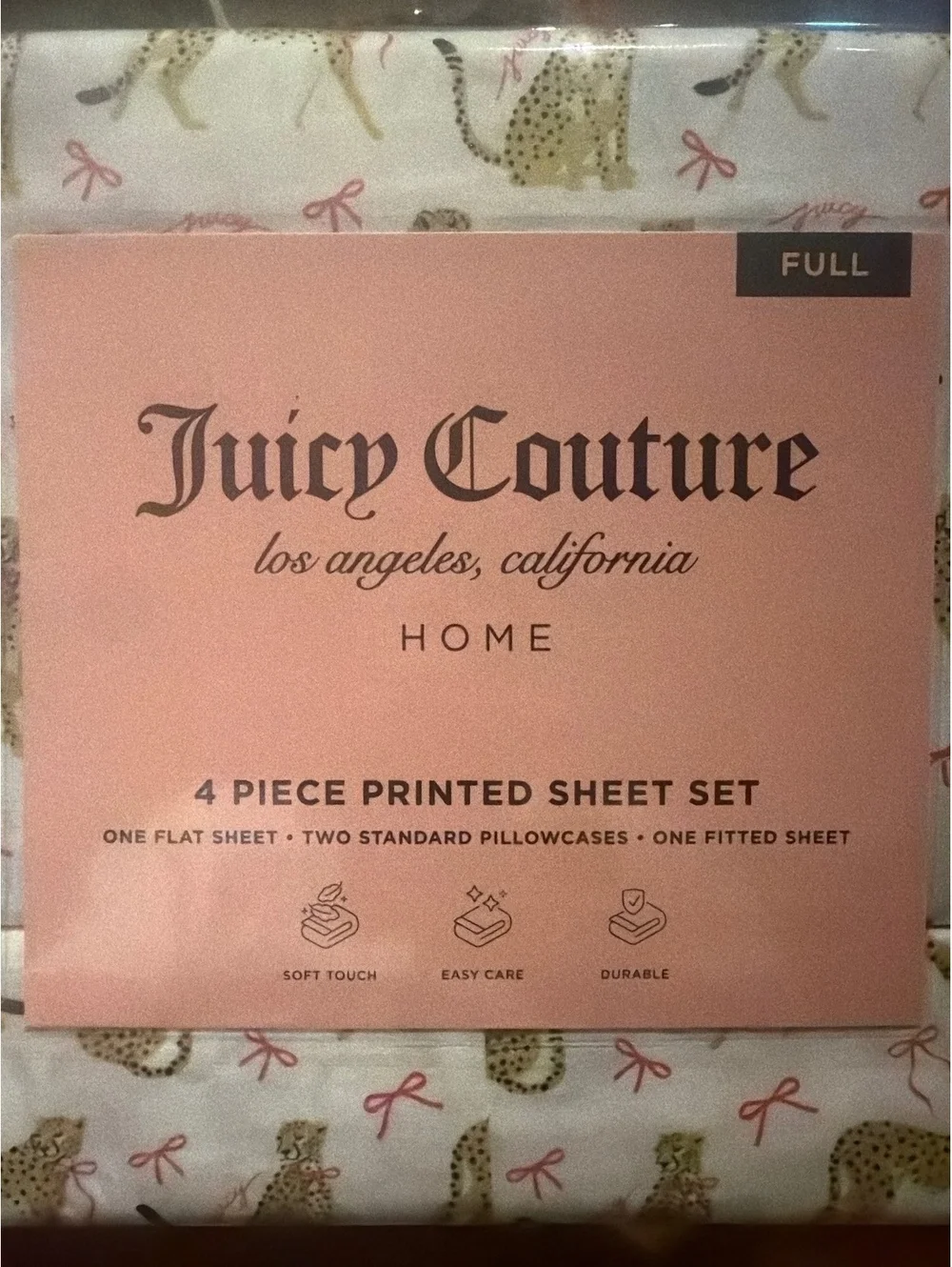 Juicy Couture Full 4-Piece Sheet Set – Cheetah & Pink Bow Print – New